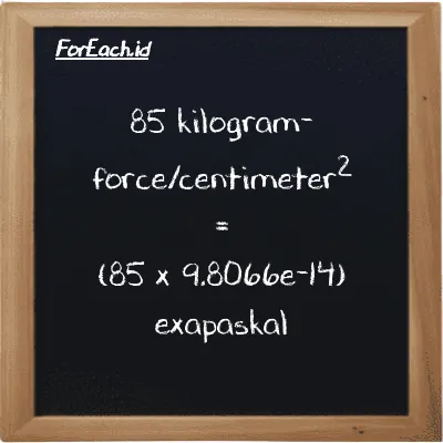 Cara konversi kilogram-force/centimeter<sup>2</sup> ke exapaskal (kgf/cm<sup>2</sup> ke EPa): 85 kilogram-force/centimeter<sup>2</sup> (kgf/cm<sup>2</sup>) setara dengan 85 dikalikan dengan 9.8066e-14 exapaskal (EPa)